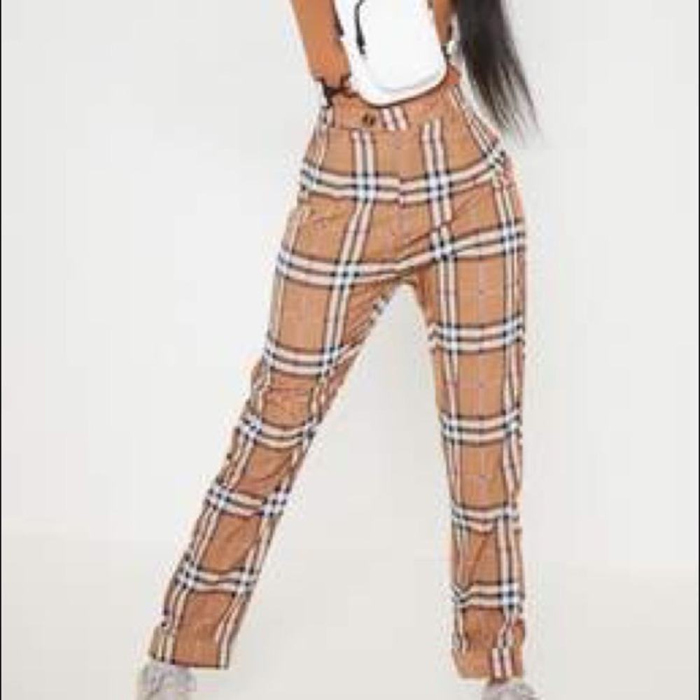 Stone Turn Up Hem Check Straight Leg Trouser